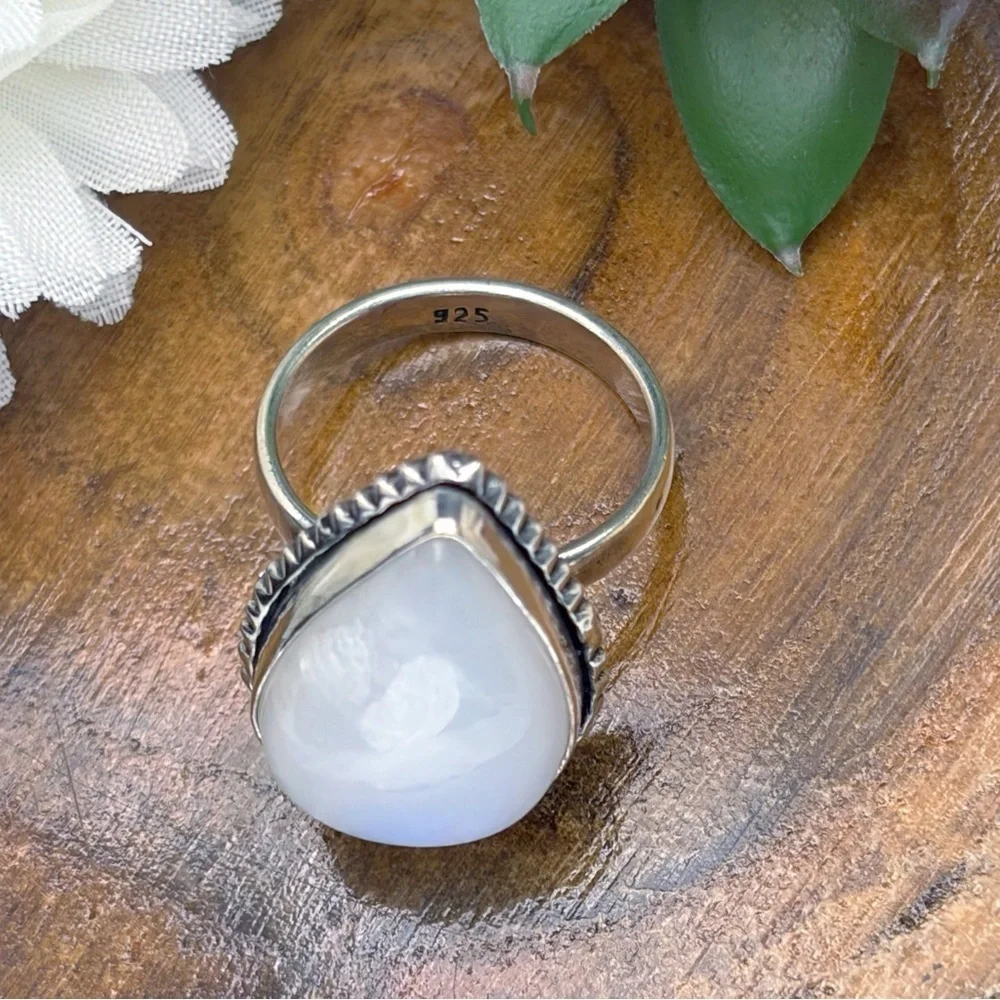 Blue Purple Rainbow Moonstone Ring Size 7 Pear New Sterling Silver 925 Overlay